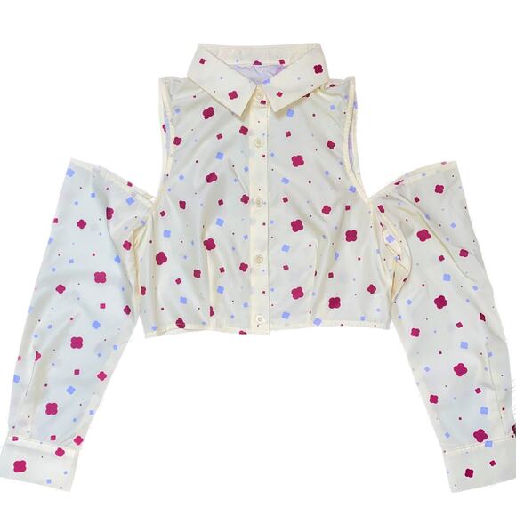 XS Pale Yellow Printed Cold Shoulder Button Down Crop Menswear Collared Blouse - Picture 3 of 7